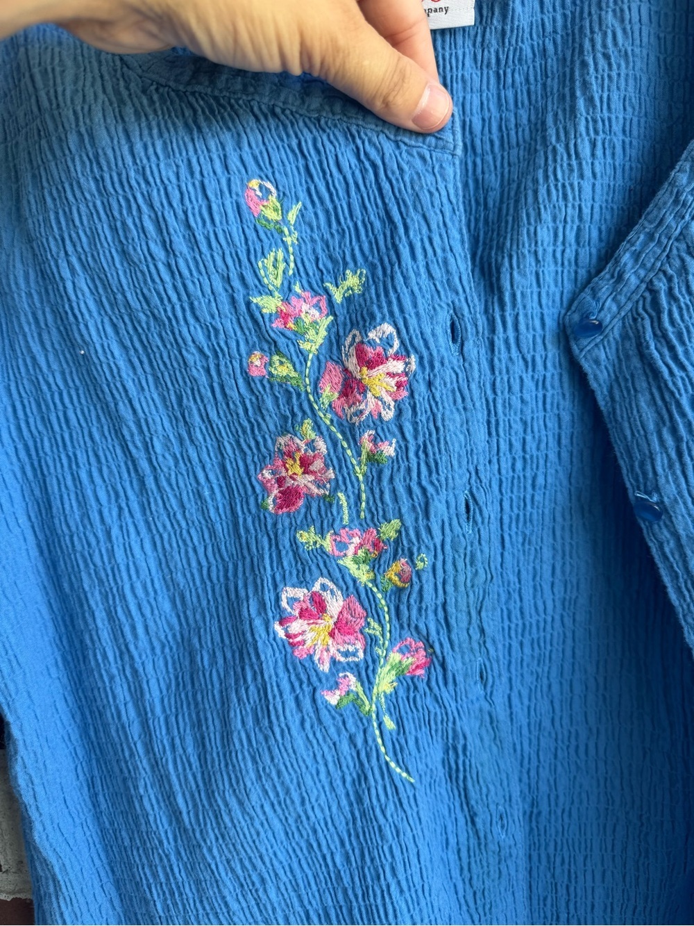 Vintage Cottagecore Blue Embroidered Button Front Top - Picture 4 of 7